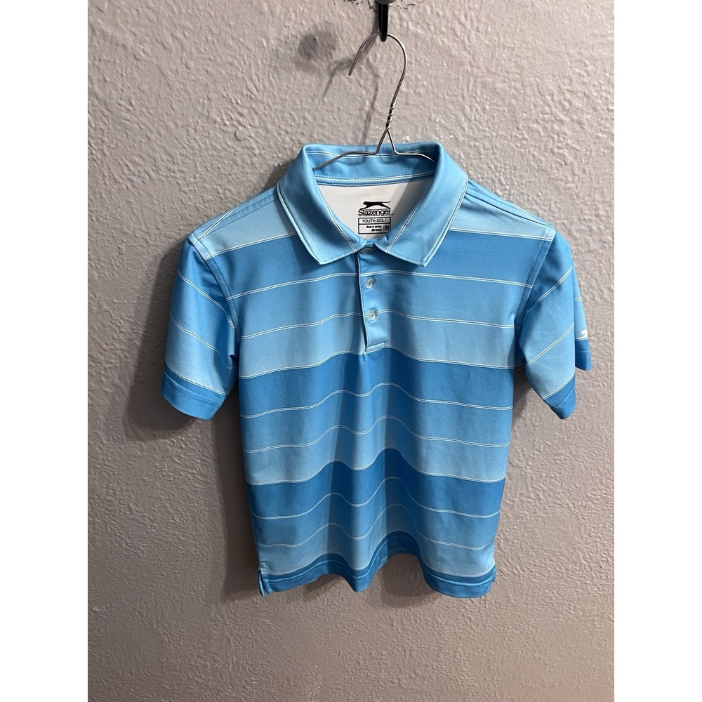 Slazenger Youth Boys Blue White Striped Golf Shirt Size Medium‎